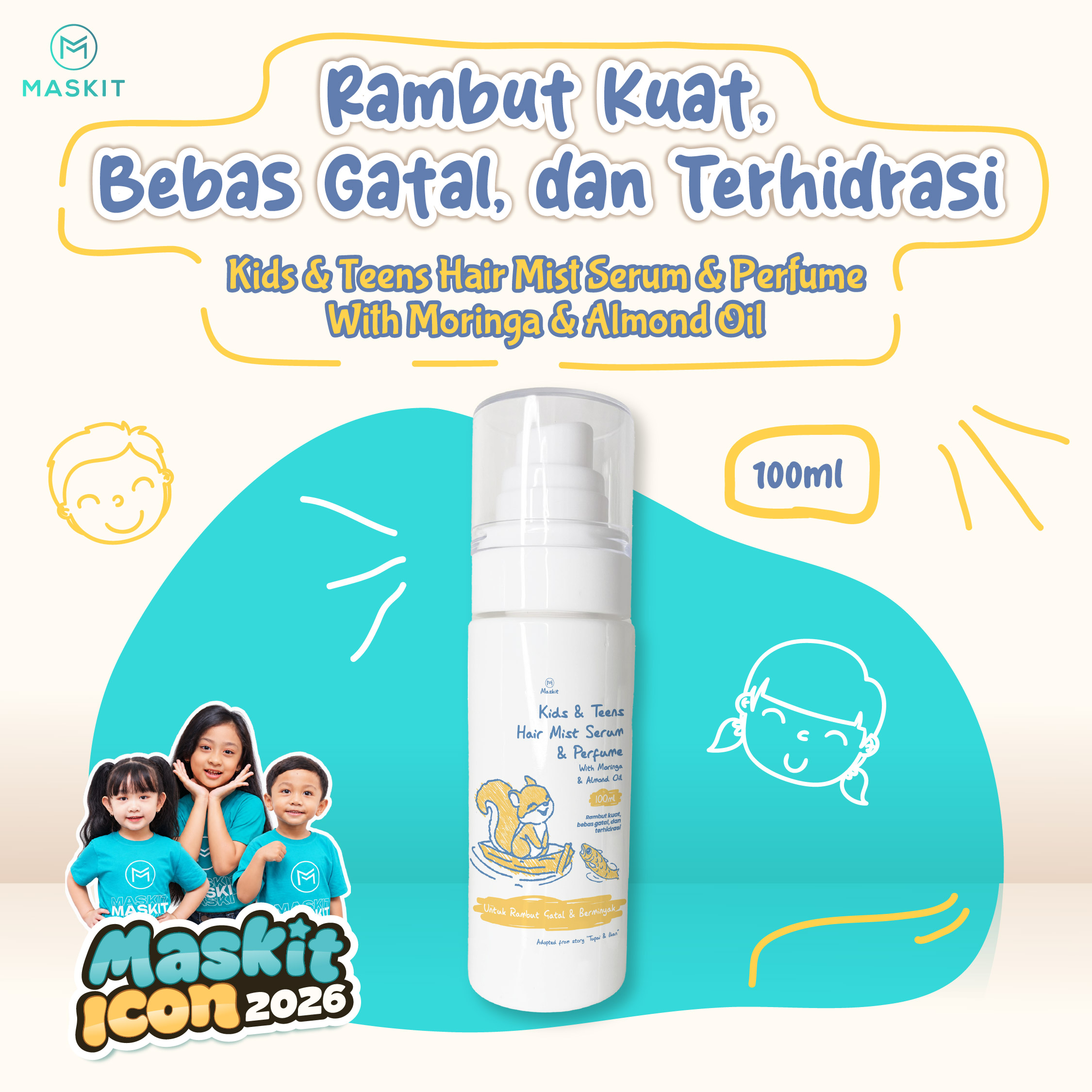(NEW 2026 - ECOM MASKIT ICON) Maskit Kids & Teens Hair Mist Serum & Perfume with Moringa & Almond Oil (1)